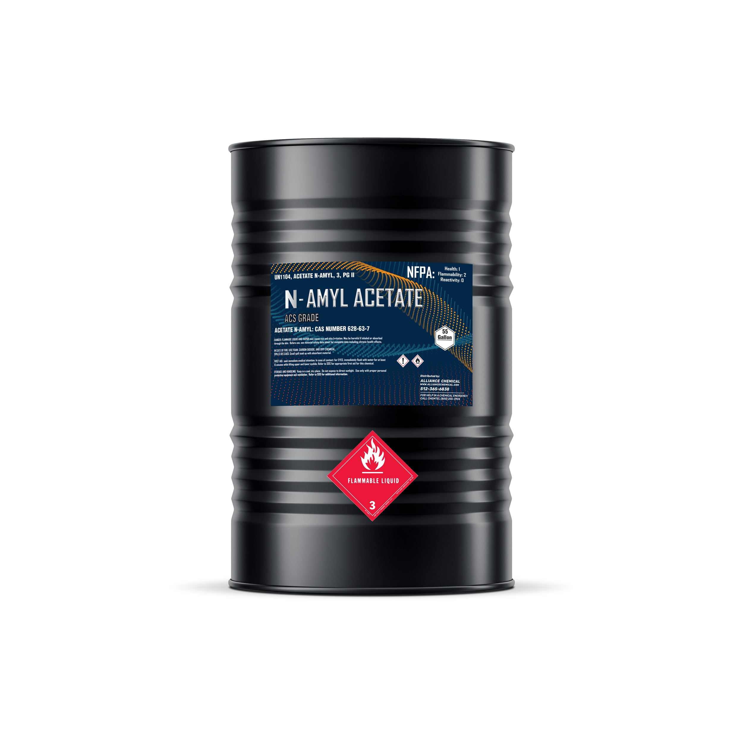 55-gallon black steel drum of N-Amyl Acetate ACS Grade chemical with NFPA labeling, Class 3 flammable liquid warning diamond, and industrial safety markings.